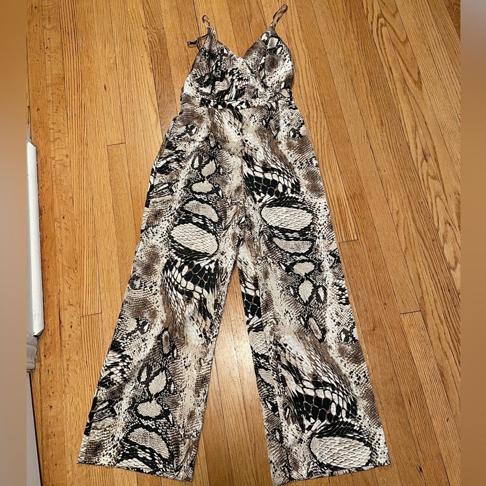 Lush Silk Faux Snakeskin Wide Leg Spaghetti Strap Jumpsuit - Size M